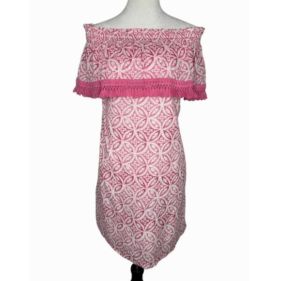 Hatley Olivia Dress Small Pink White Off Shoulder Organic Cotton Tassel‎ Trim - Picture 4 of 15